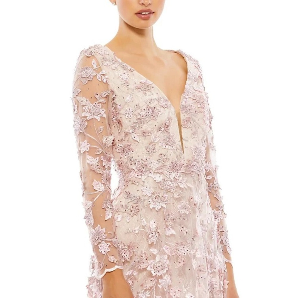 Mac Duggal Rose Pink Floral Applique Long Sleeve Illusion Gown Sz 16 NWT 70224 - Picture 2 of 9